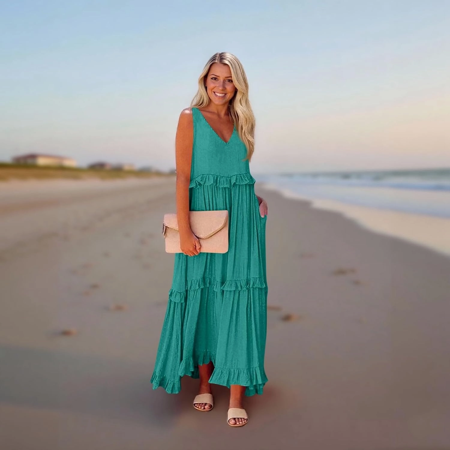 Womens Maxi Dress Sleeveless Sexy Tiered Flowy Summer Tank Dresses Loose Smocked Ruffle Swing Beach Long Sundress