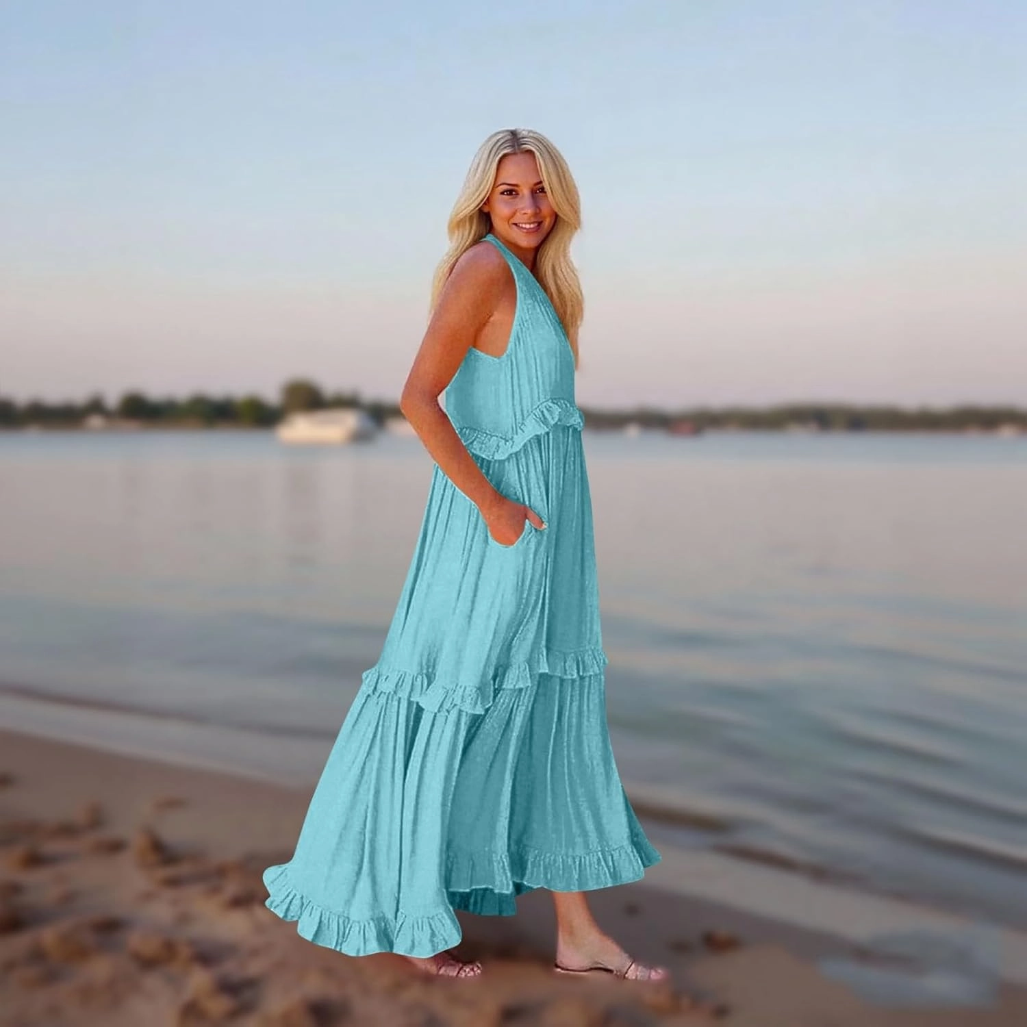 Womens Maxi Dress Sleeveless Sexy Tiered Flowy Summer Tank Dresses Loose Smocked Ruffle Swing Beach Long Sundress