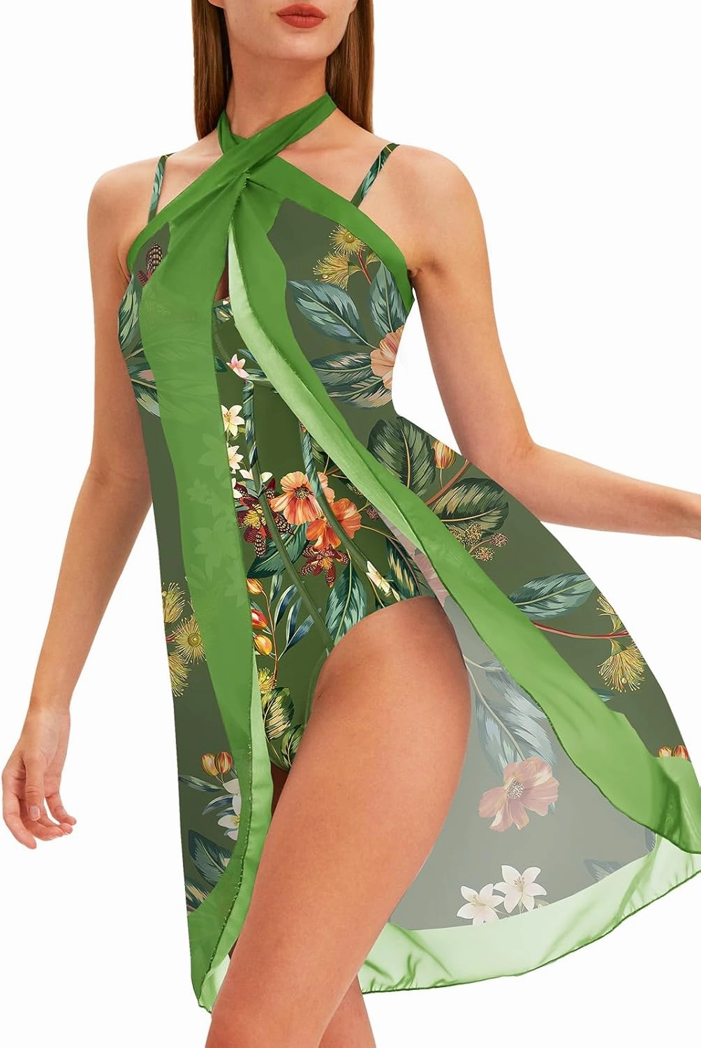 Womens One Piece Swimsuit with Cover Up Sarong Wrap Floral Bathing Suits 1 Piece Swim Suit with Beach Cover Up Set