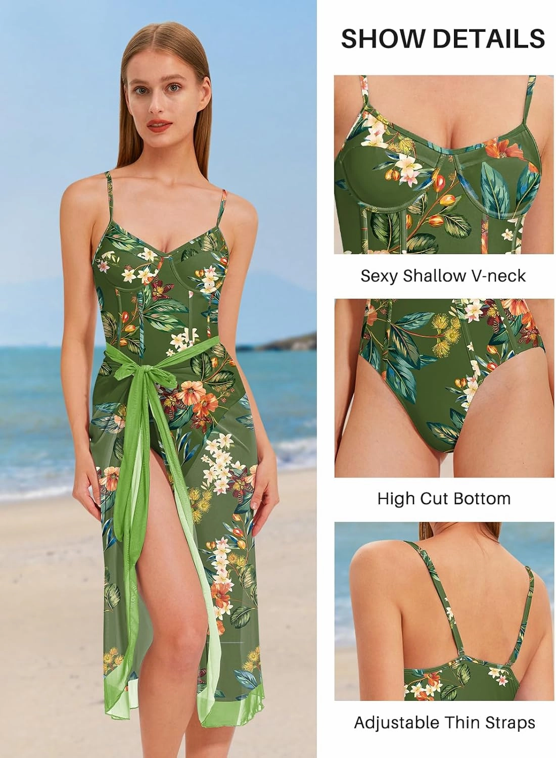Womens One Piece Swimsuit with Cover Up Sarong Wrap Floral Bathing Suits 1 Piece Swim Suit with Beach Cover Up Set