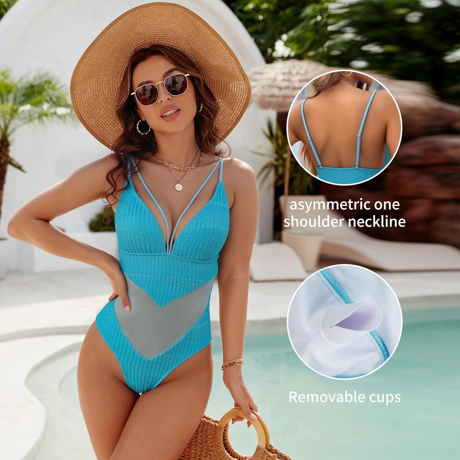 Womens One Piece Swimsuits-Sexy Deep V Neckline Tummy Control Bathing Suit Slimming Mesh Swimwear 