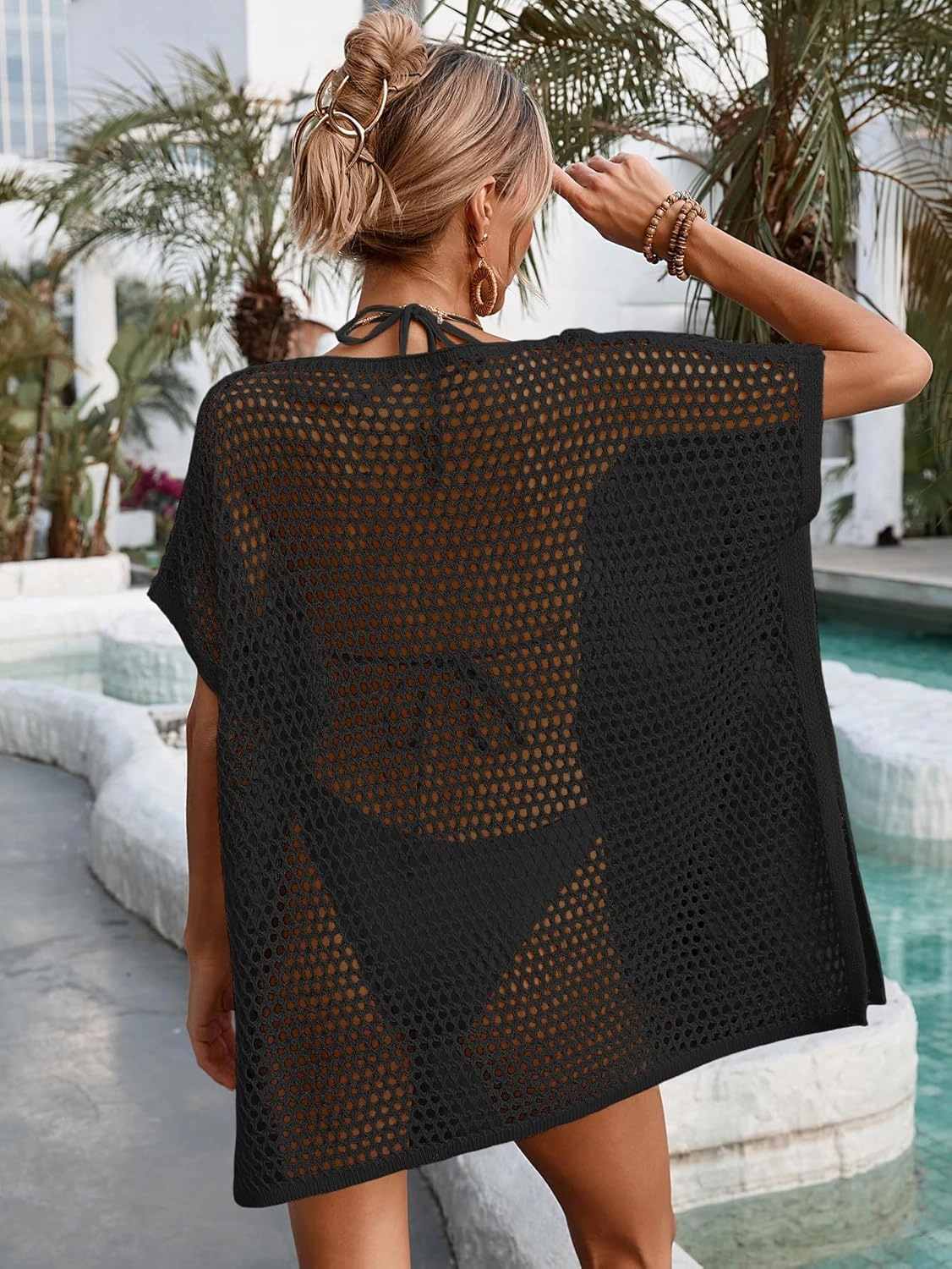 Womens Oversized Crochet Beach Dresses Summer 2025 Scoop Neck Cap Sleeve Bathing Suit Cover Up Mini Dress