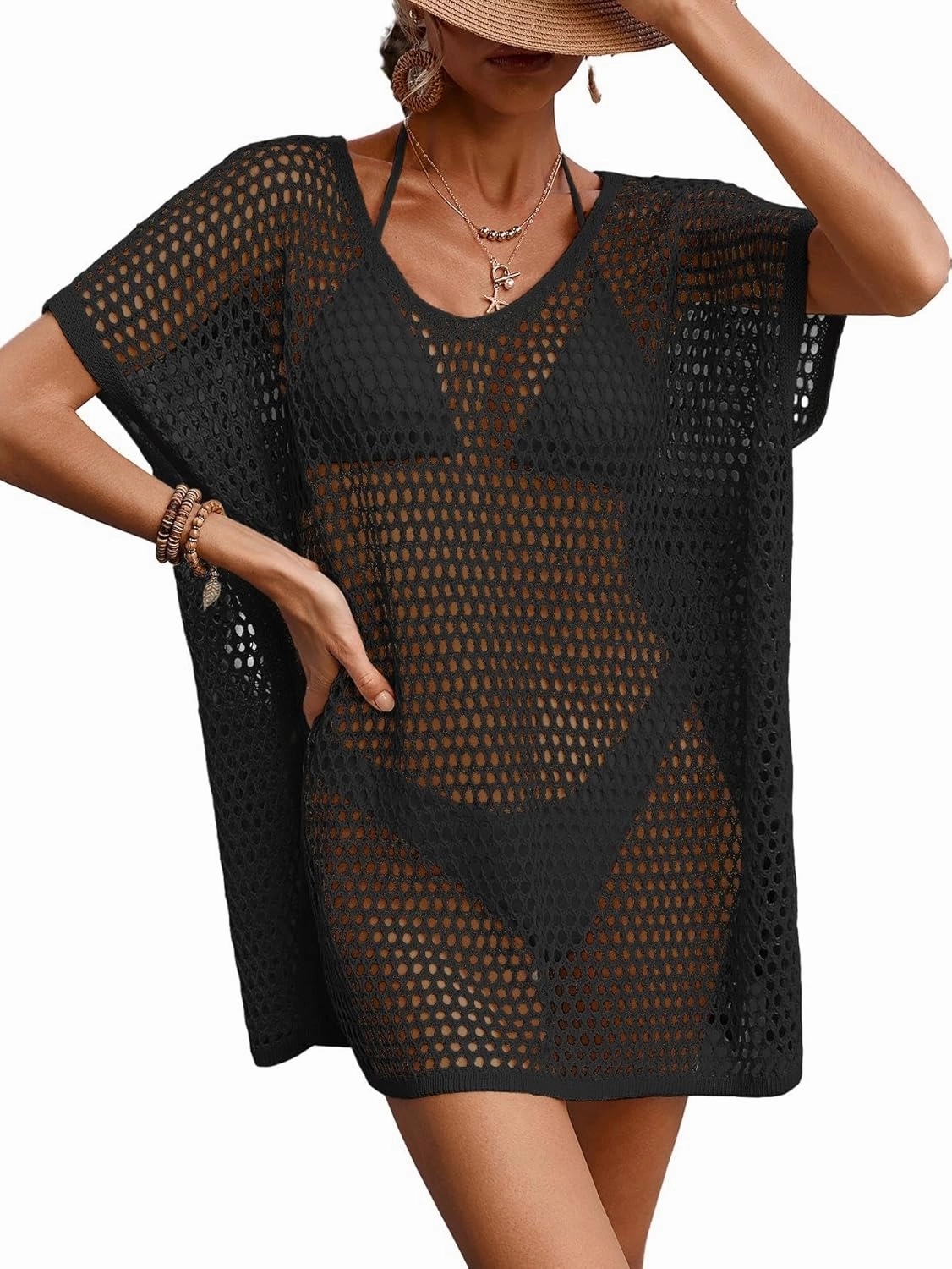 Womens Oversized Crochet Beach Dresses Summer 2025 Scoop Neck Cap Sleeve Bathing Suit Cover Up Mini Dress