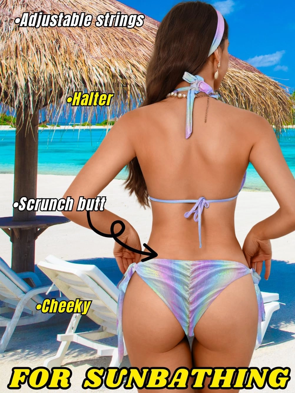 Womens Sexy Triangle Metallic Bikini Set, Crystal Rhinestone Headband Halter Swimsuit, Cheeky Tie Ruched Bathing Suit