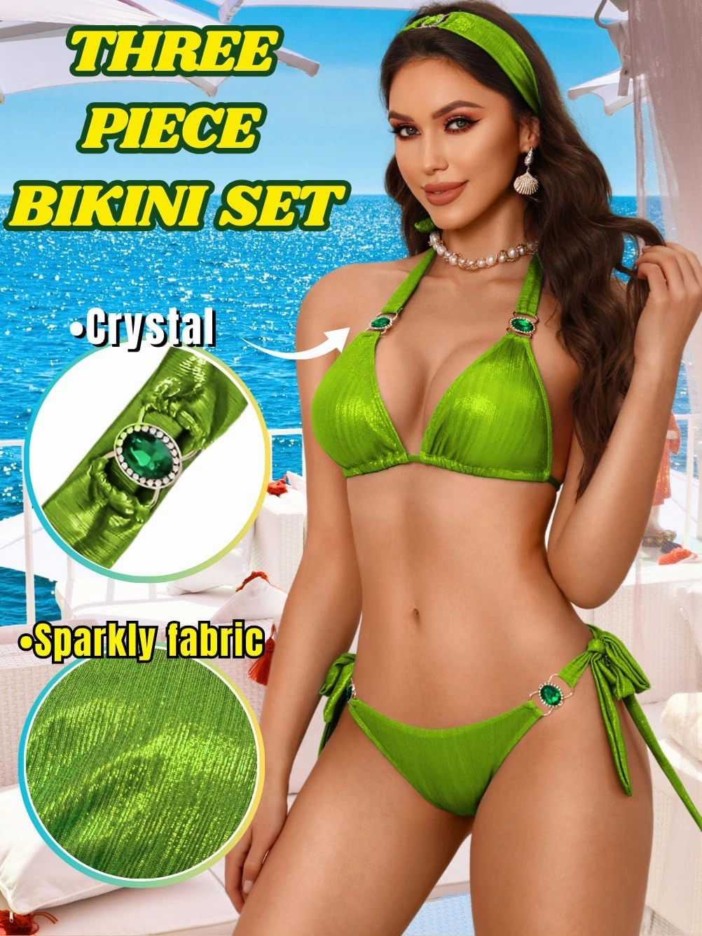 Womens Sexy Triangle Metallic Bikini Set, Crystal Rhinestone Headband Halter Swimsuit, Cheeky Tie Ruched Bathing Suit