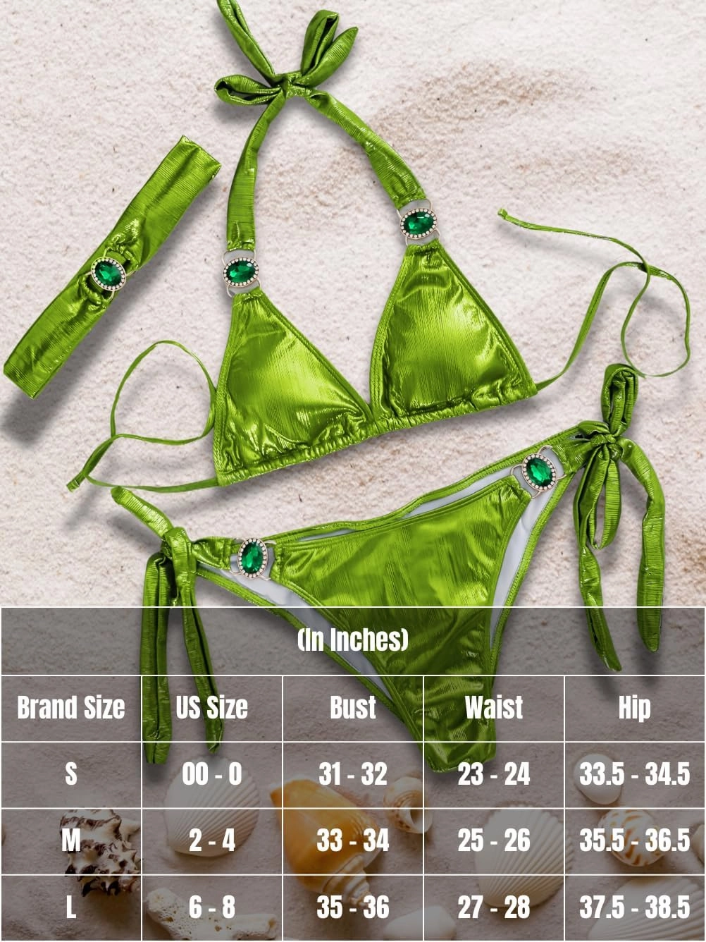 Womens Sexy Triangle Metallic Bikini Set, Crystal Rhinestone Headband Halter Swimsuit, Cheeky Tie Ruched Bathing Suit