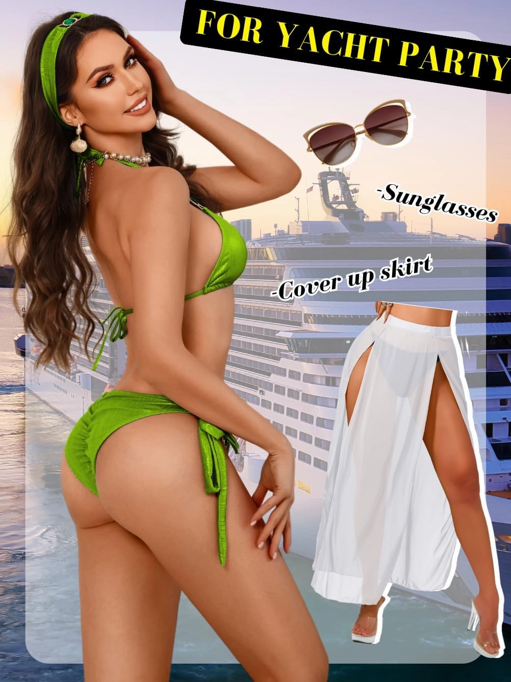 Womens Sexy Triangle Metallic Bikini Set, Crystal Rhinestone Headband Halter Swimsuit, Cheeky Tie Ruched Bathing Suit