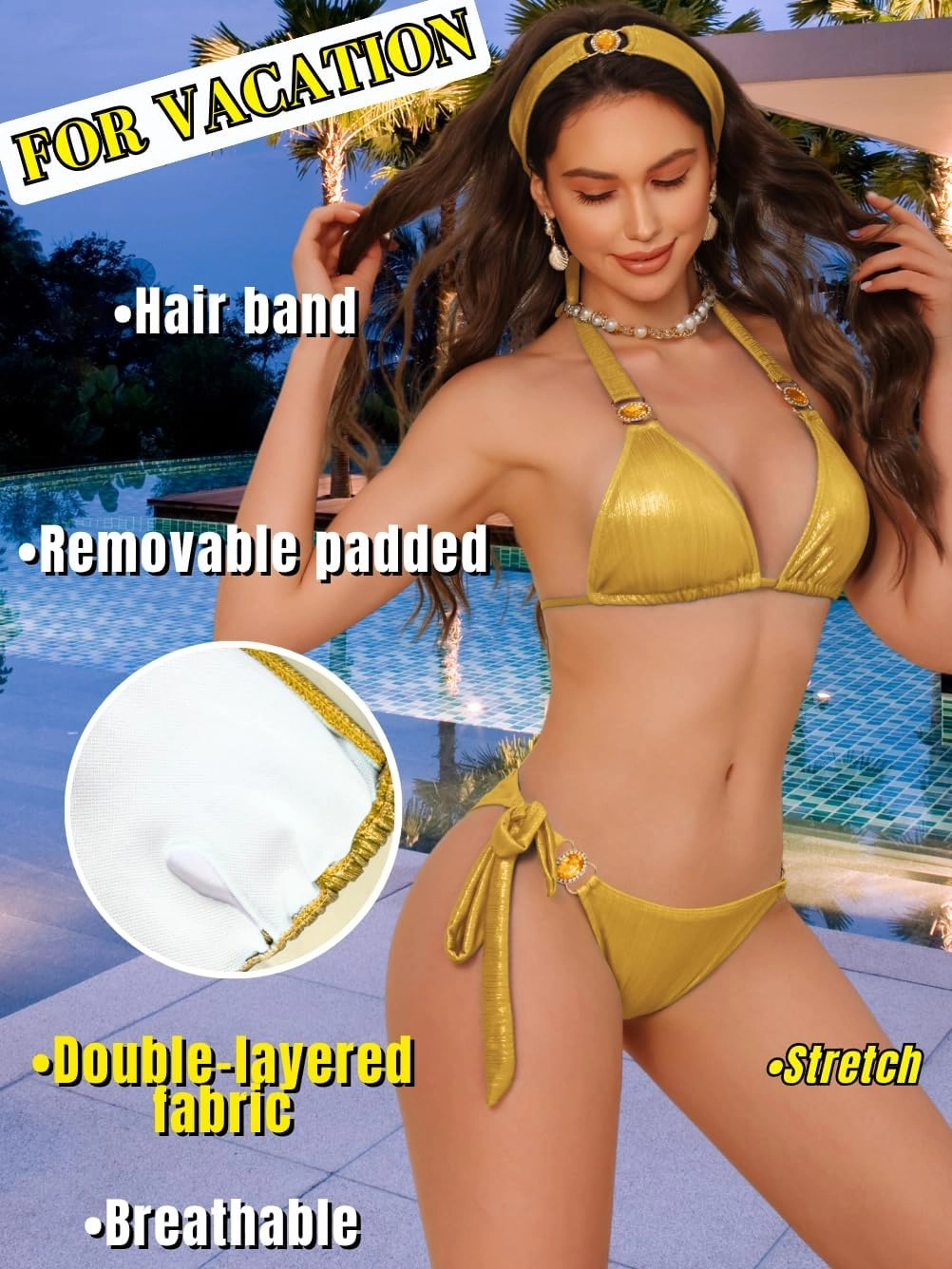 Womens Sexy Triangle Metallic Bikini Set, Crystal Rhinestone Headband Halter Swimsuit, Cheeky Tie Ruched Bathing Suit