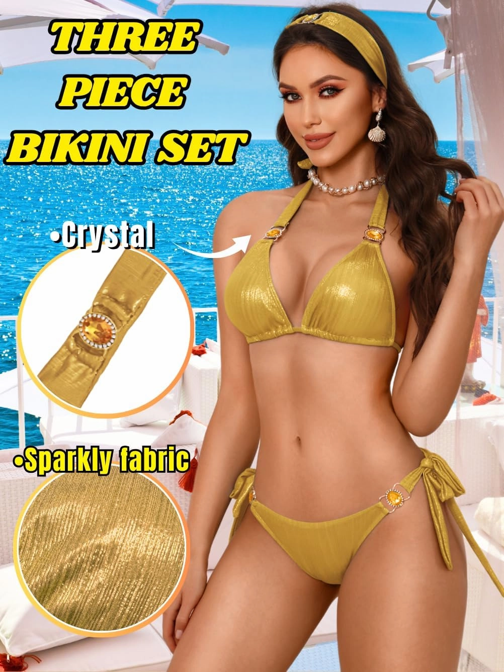 Womens Sexy Triangle Metallic Bikini Set, Crystal Rhinestone Headband Halter Swimsuit, Cheeky Tie Ruched Bathing Suit