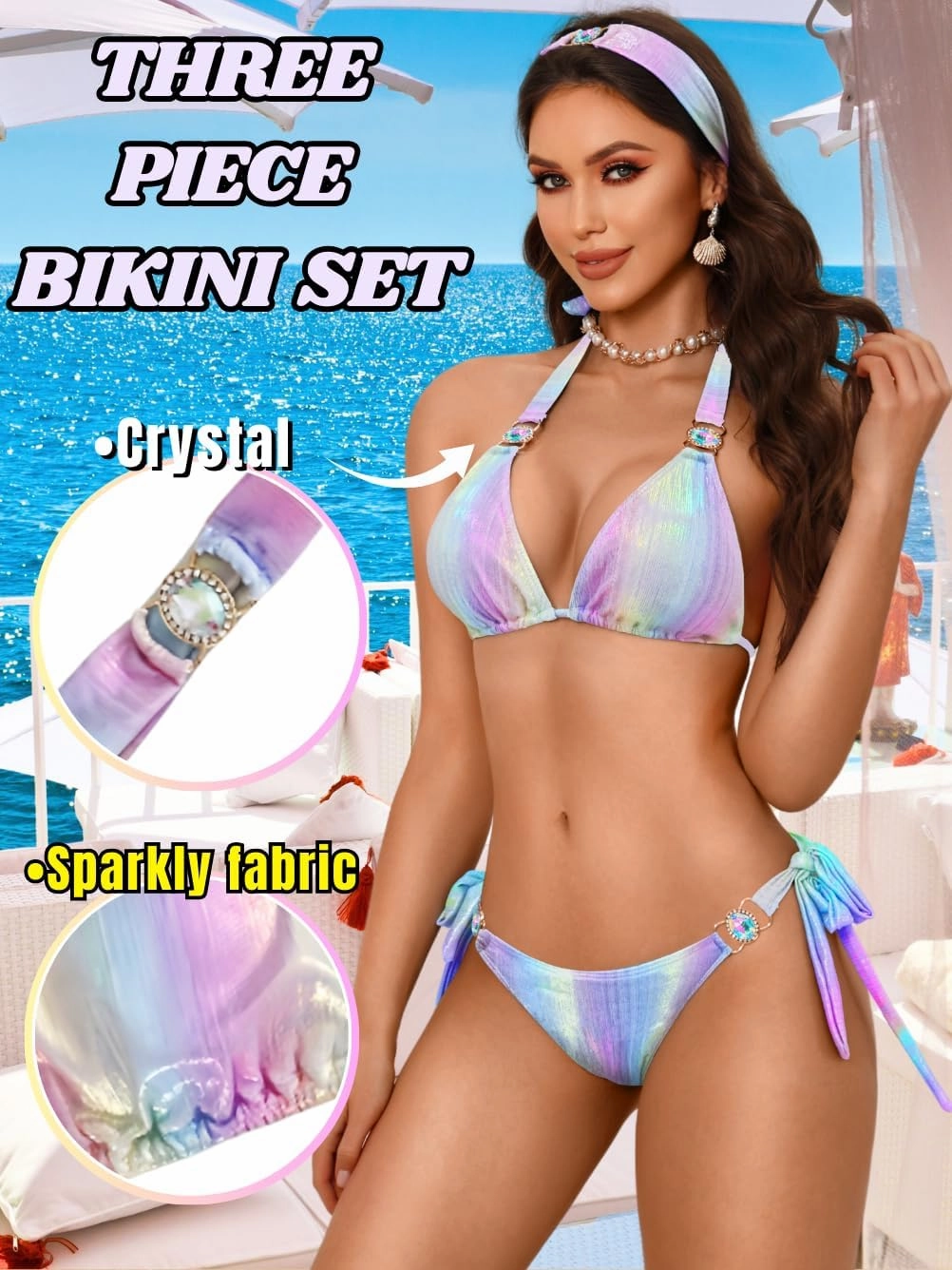 Womens Sexy Triangle Metallic Bikini Set, Crystal Rhinestone Headband Halter Swimsuit, Cheeky Tie Ruched Bathing Suit