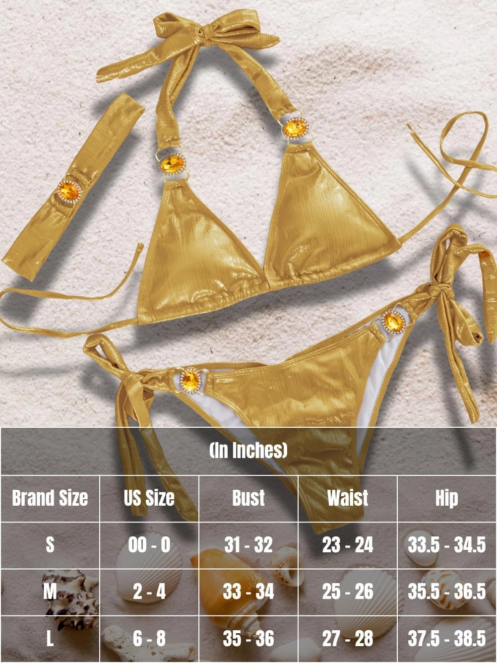Womens Sexy Triangle Metallic Bikini Set, Crystal Rhinestone Headband Halter Swimsuit, Cheeky Tie Ruched Bathing Suit