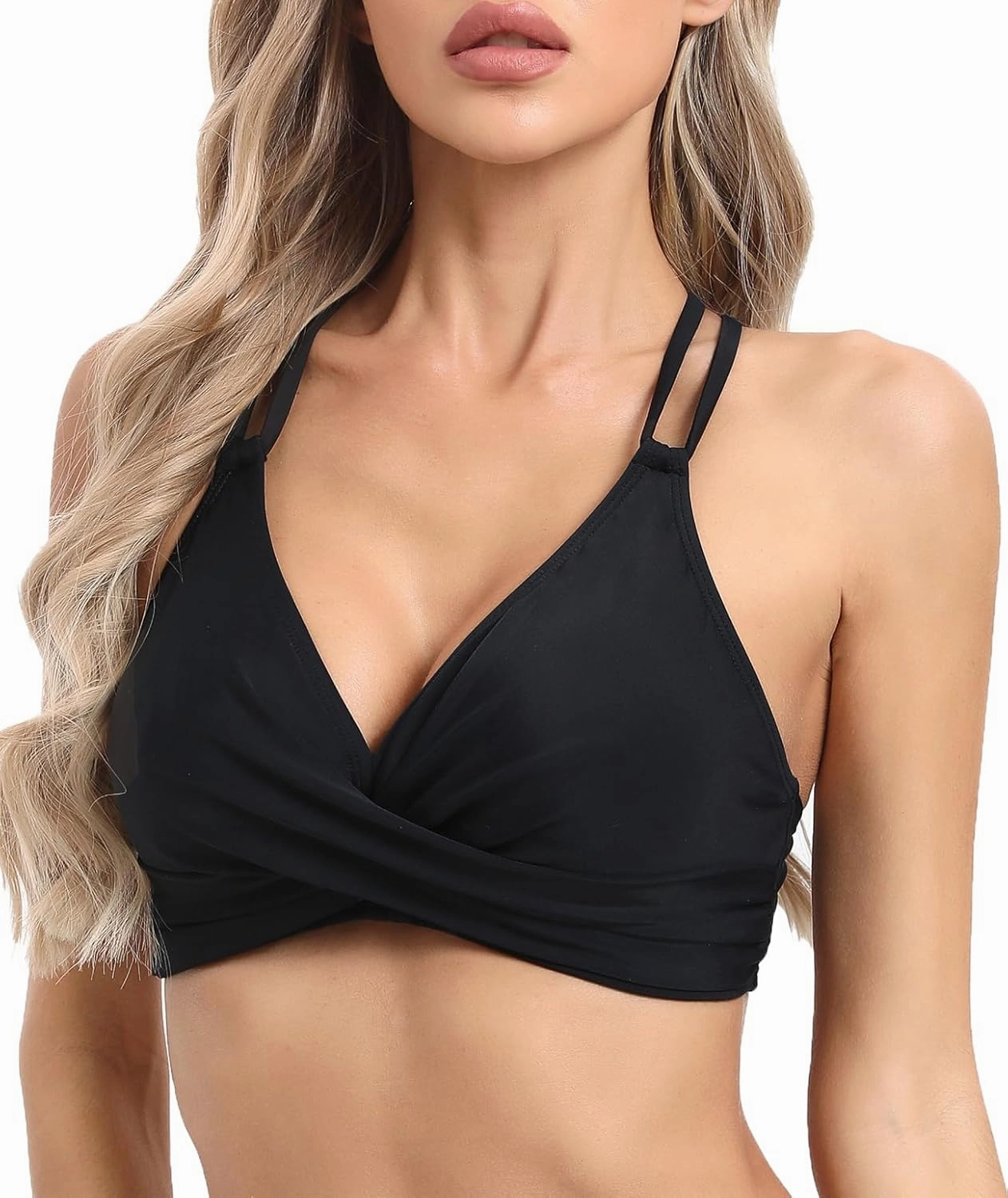 Womens Twist Front V Neck Bikini Top Push Up Padded Swim Top Swimsuit Lace Up Criss Cross Back Bathing Suits Tops