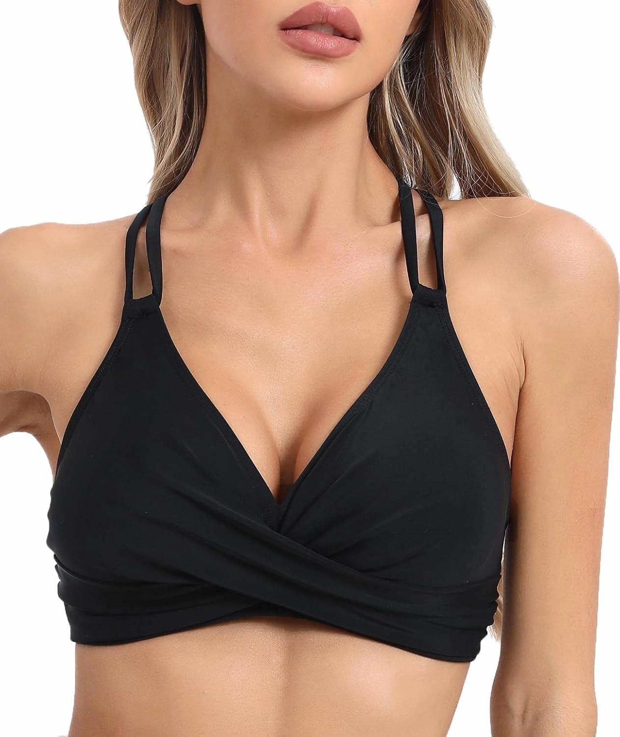 Womens Twist Front V Neck Bikini Top Push Up Padded Swim Top Swimsuit Lace Up Criss Cross Back Bathing Suits Tops