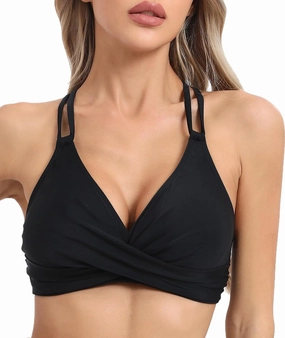 Womens Twist Front V Neck Bikini Top Push Up Padded Swim Top Swimsuit Lace Up Criss Cross Back Bathing Suits Tops