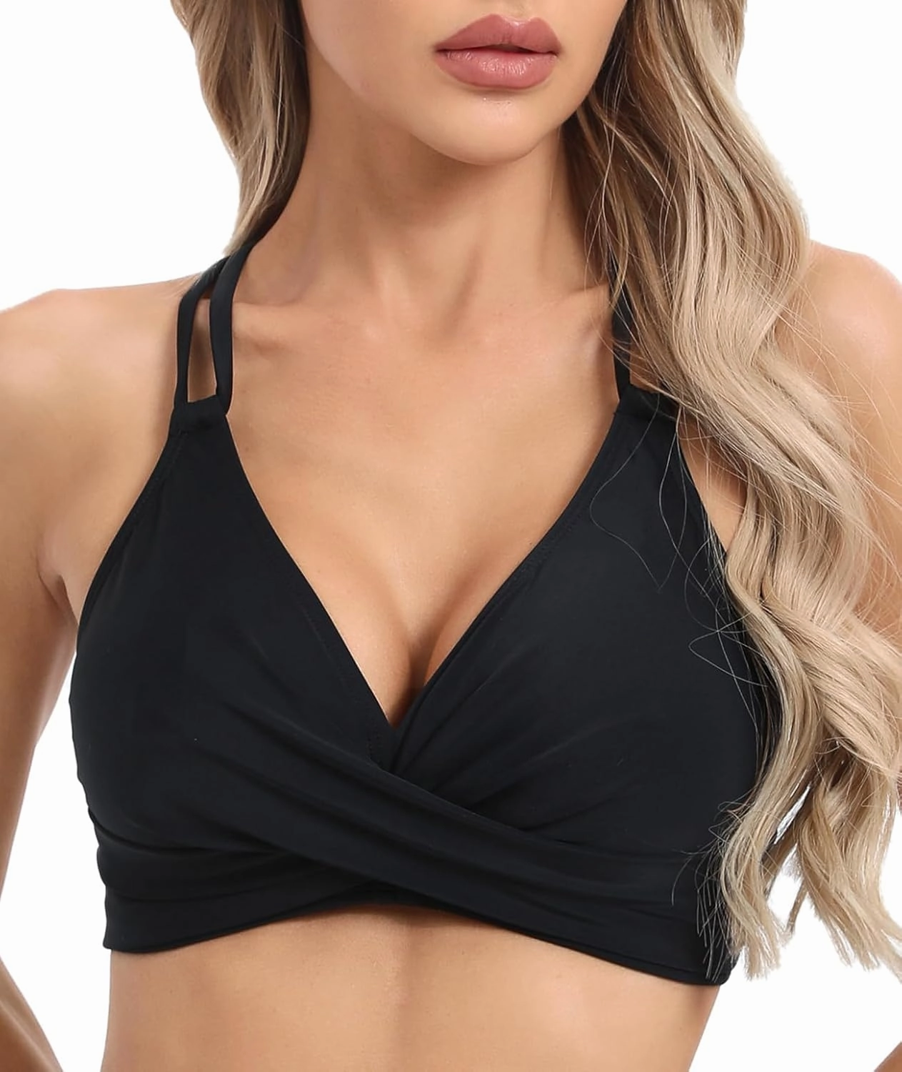 Womens Twist Front V Neck Bikini Top Push Up Padded Swim Top Swimsuit Lace Up Criss Cross Back Bathing Suits Tops