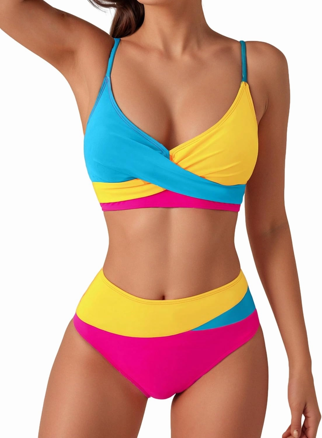 YELAIVP High Waisted Bikini Sets for Women V Neck Bathing Suit for Women Tummy Control Two Piece Swimsuits Swimwear