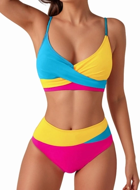 YELAIVP High Waisted Bikini Sets for Women V Neck Bathing Suit for Women Tummy Control Two Piece Swimsuits Swimwear