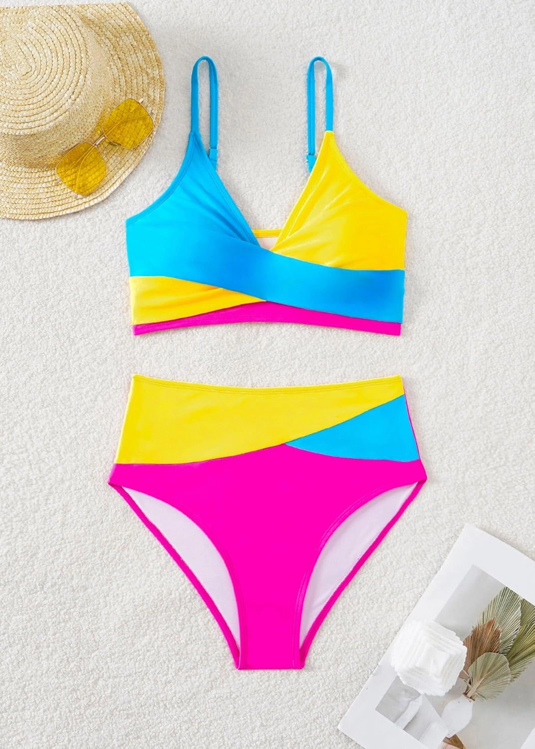 YELAIVP High Waisted Bikini Sets for Women V Neck Bathing Suit for Women Tummy Control Two Piece Swimsuits Swimwear