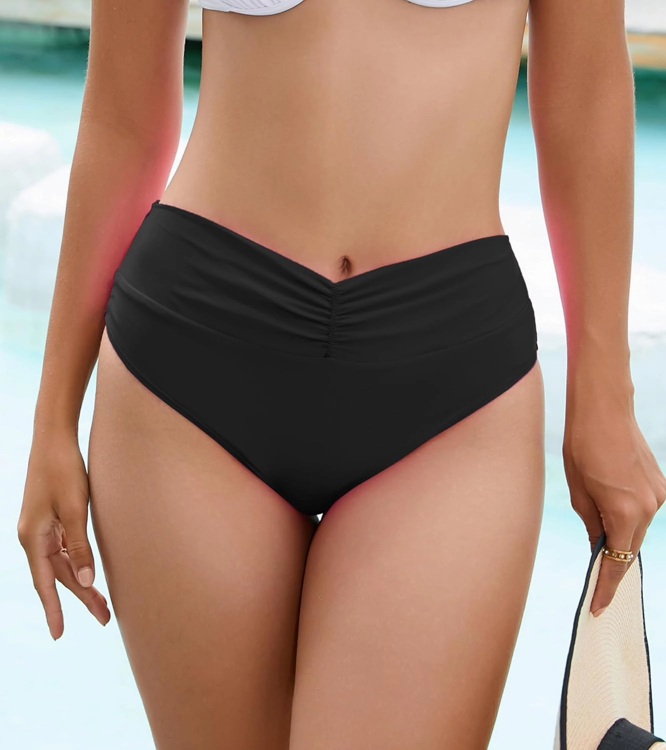 YELAIVP Women's High Waisted Bikini Bottoms Shirred V Cut Swimsuit Bathing Suit Bottom