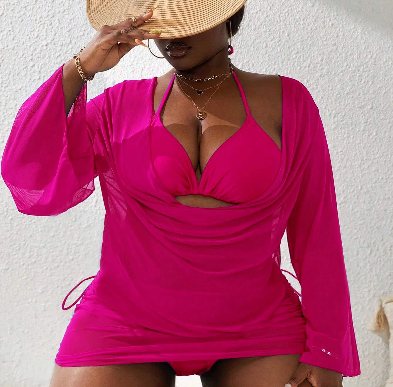 YELAIVP Women's Plus Size Halter String Triangle Bikini Sets 3 Piece Swimsuits with Side Ruched Drawstring Cover Up