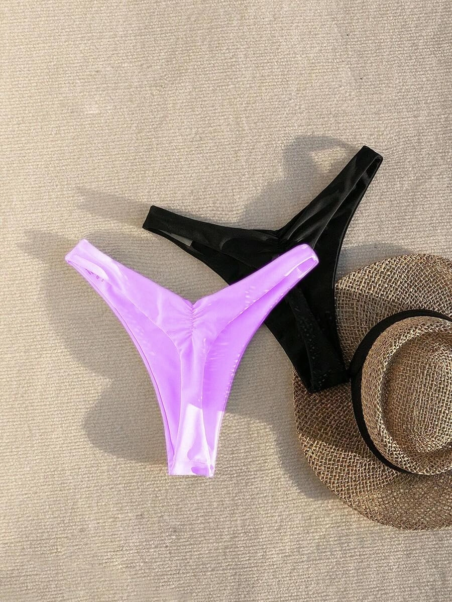YELAIVP Women's Ruched Back Bikini Bottoms High Cut Bathing Suit Bottoms Cheeky Thong Swimsuit Bottom