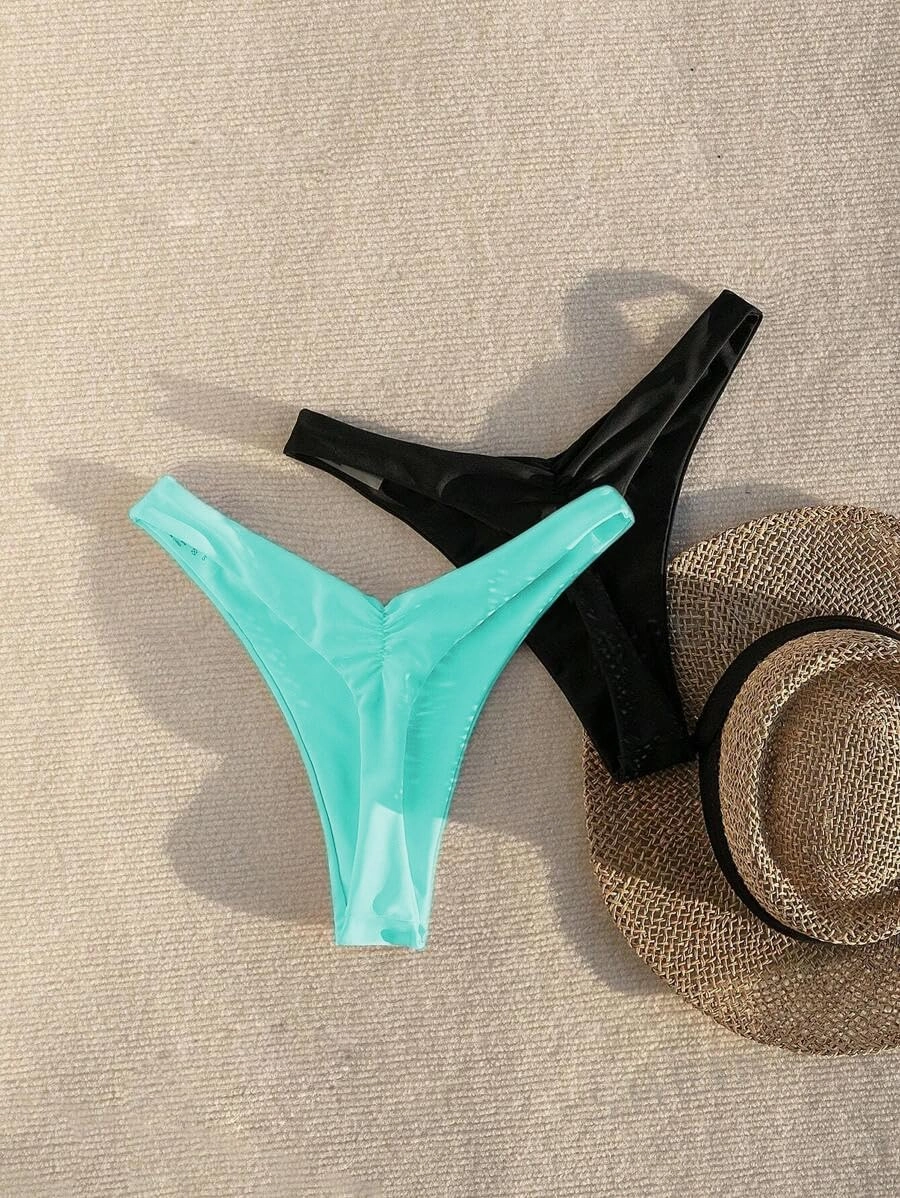 YELAIVP Women's Ruched Back Bikini Bottoms High Cut Bathing Suit Bottoms Cheeky Thong Swimsuit Bottom