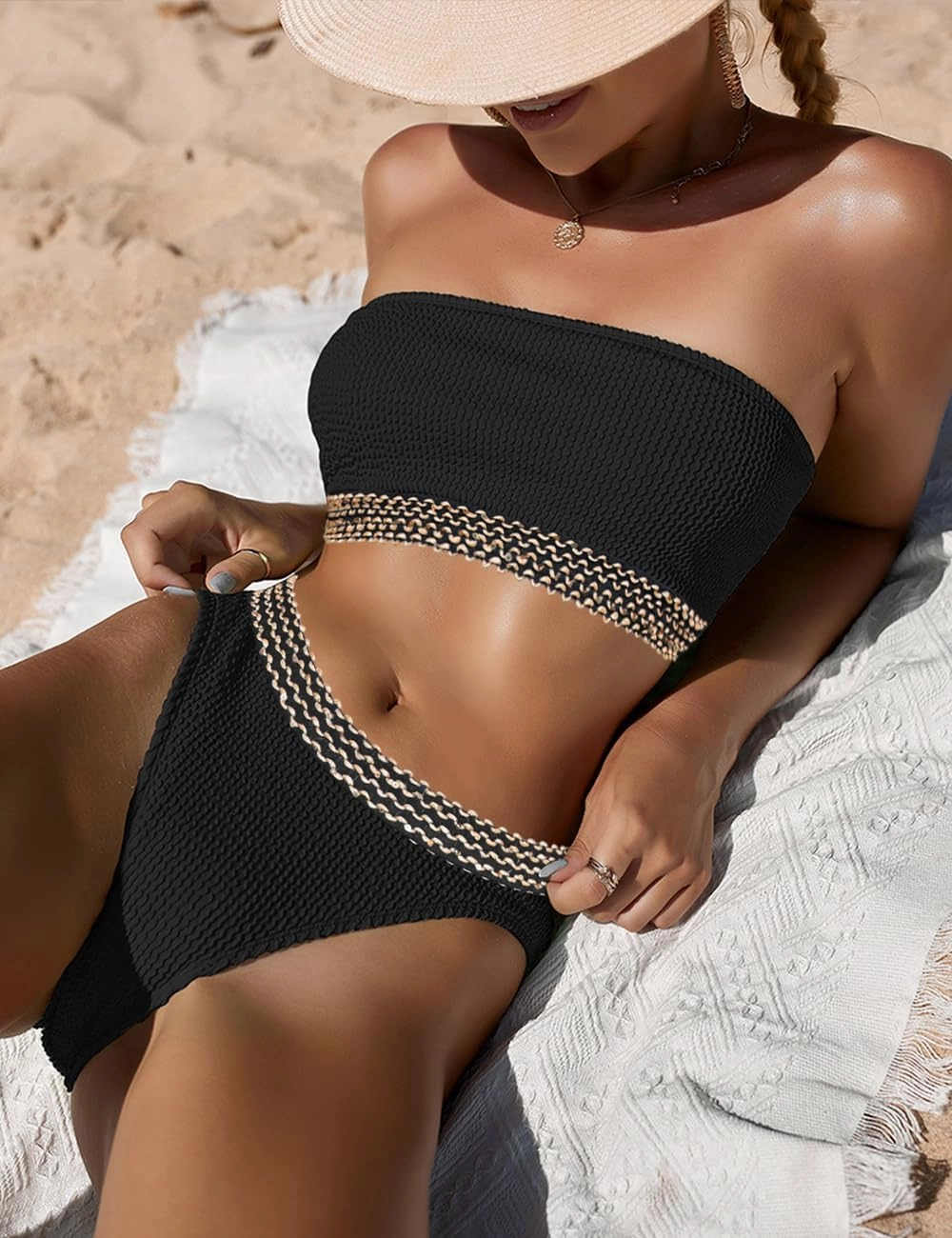 YIMISAN Women's Two Piece Bandeau Swimsuit Ribbed Strapless Tube Bikini Top with Mid Waist Cheeky Bottom Bathing Suit