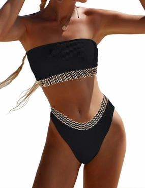 YIMISAN Women's Two Piece Bandeau Swimsuit Ribbed Strapless Tube Bikini Top with Mid Waist Cheeky Bottom Bathing Suit