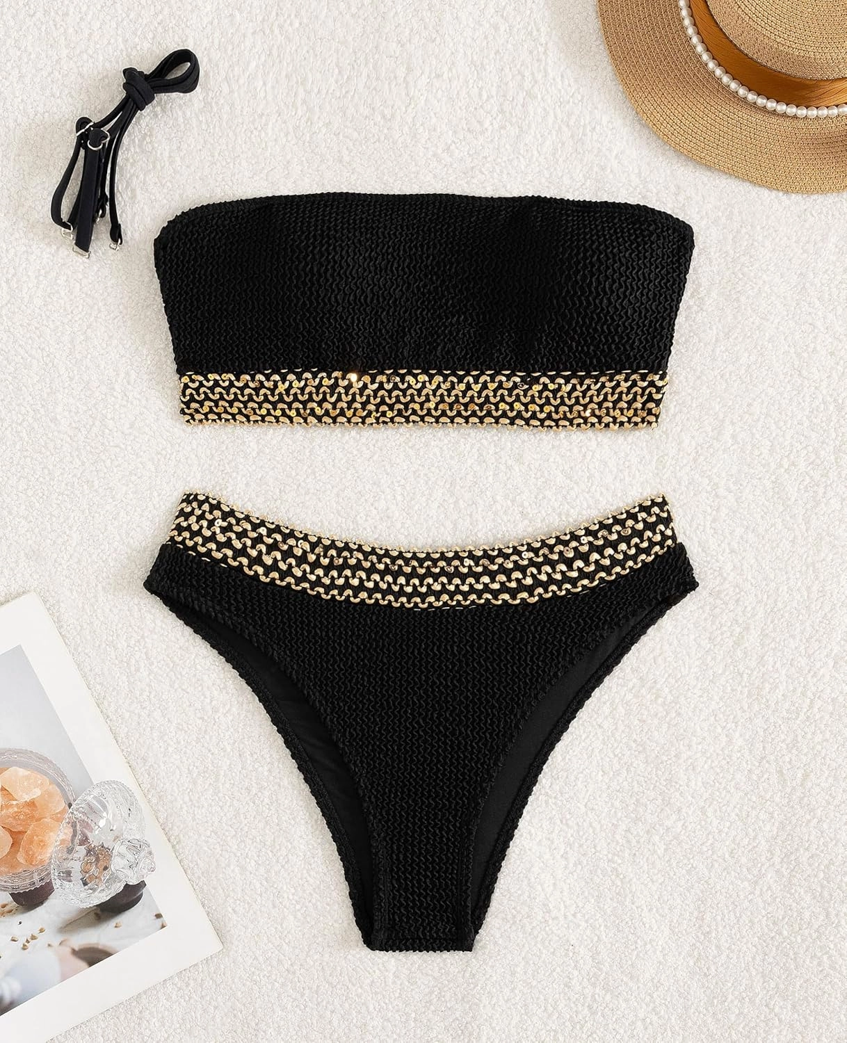 YIMISAN Women's Two Piece Bandeau Swimsuit Ribbed Strapless Tube Bikini Top with Mid Waist Cheeky Bottom Bathing Suit
