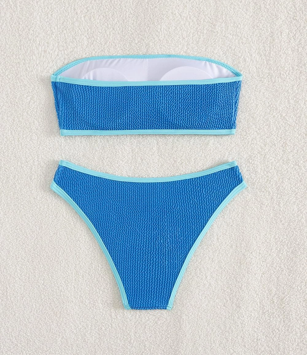 YIMISAN Women's Two Piece Bandeau Swimsuit Ribbed Strapless Tube Bikini Top with Mid Waist Cheeky Bottom Bathing Suit