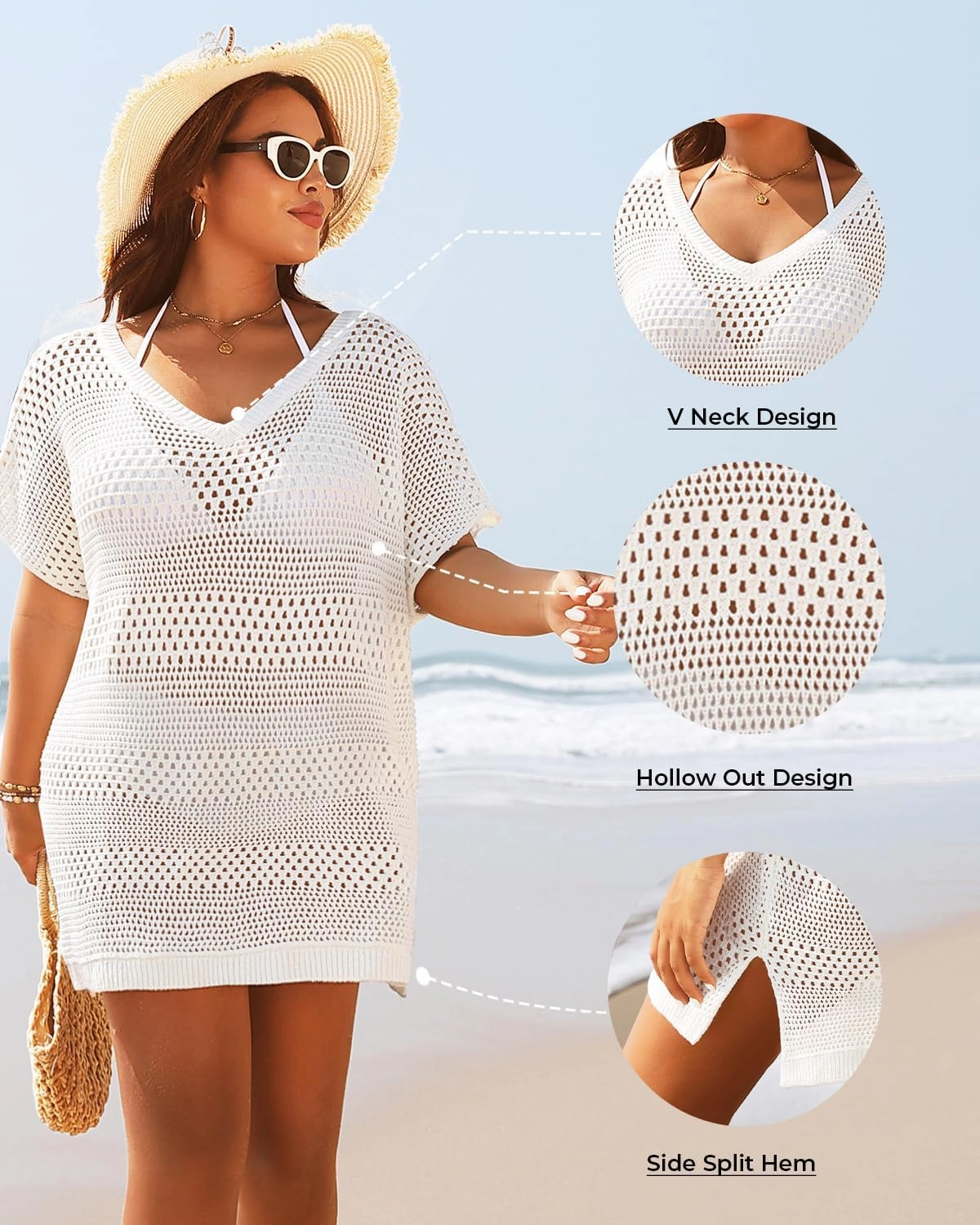 Yonique Plus Size Swimsuit Cover Up - Crochet Swim Cover Up 2025 Bathing Suit Short Sleeve Beach Dress