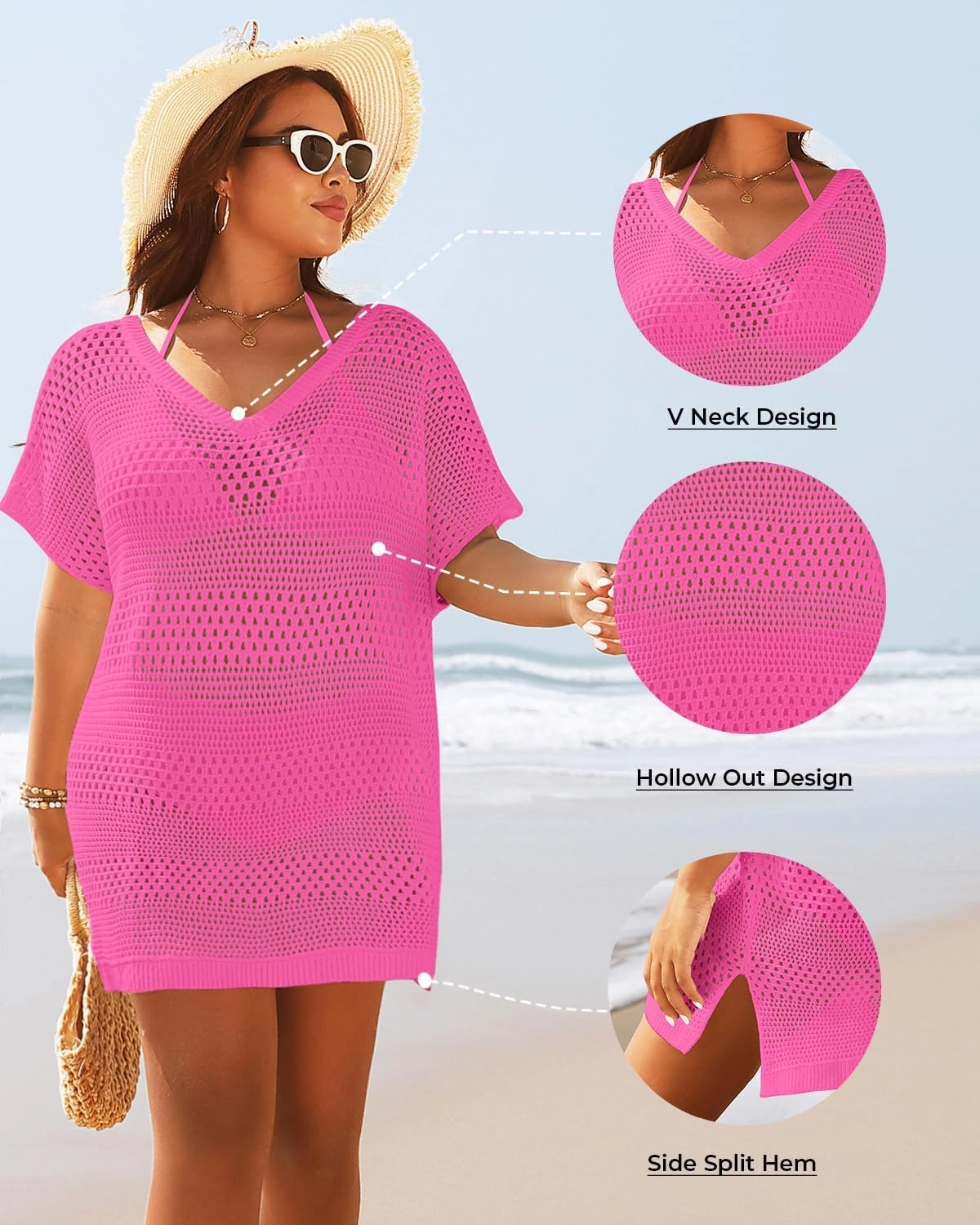 Yonique Plus Size Swimsuit Cover Up - Crochet Swim Cover Up 2025 Bathing Suit Short Sleeve Beach Dress