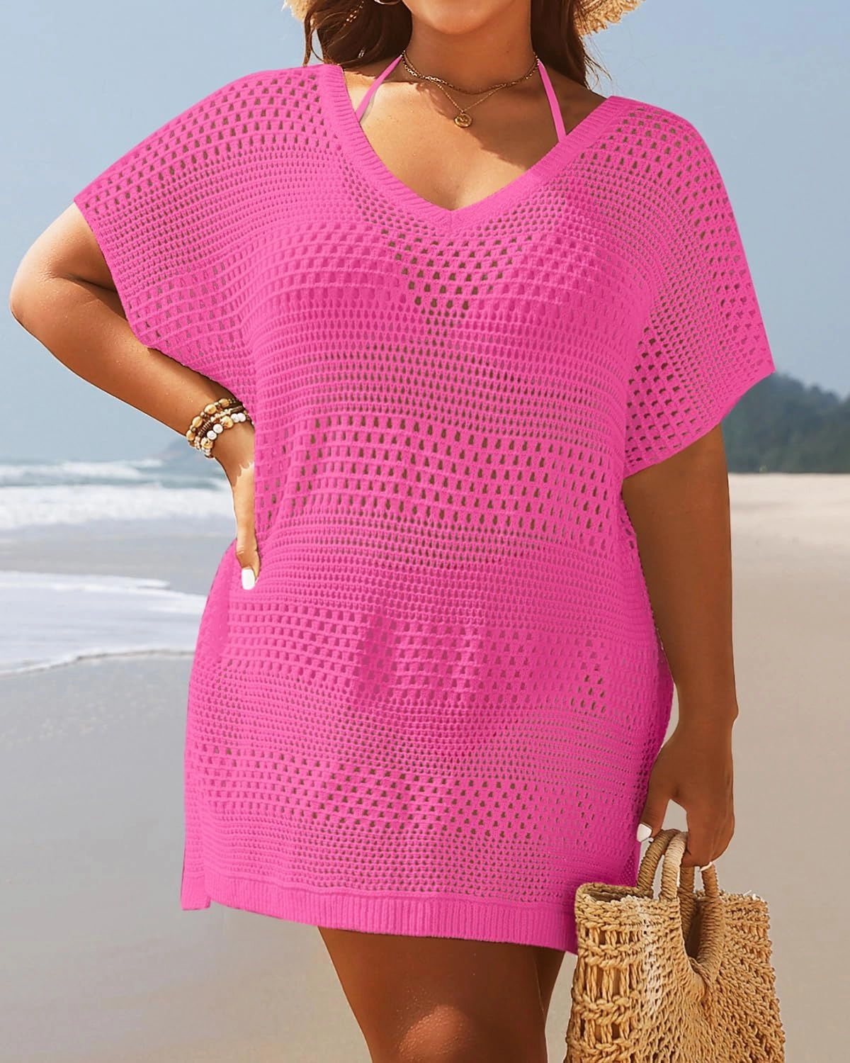 Yonique Plus Size Swimsuit Cover Up - Crochet Swim Cover Up 2025 Bathing Suit Short Sleeve Beach Dress