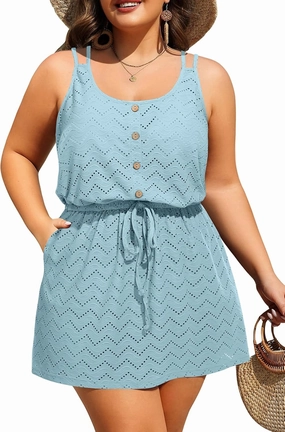 Yonique Plus Size Swimsuit Cover Up - Hollow Out Button Down Beach Coverups Spaghetti Strap Bathing Suit 2025 Summer Dress
