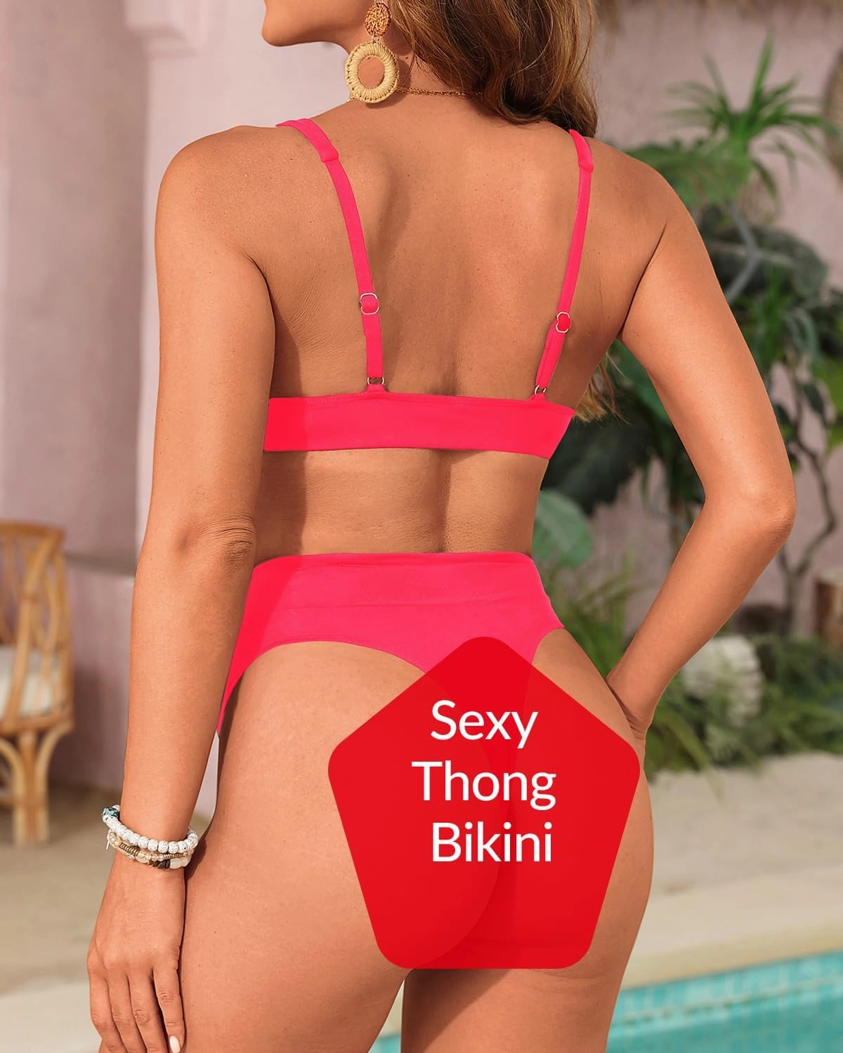 Yonique Thong Bikini Set High Waisted Two Piece Swimsuit High Cut Bikini V Neck Bathing Suit