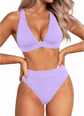 Yonique Thong Bikini Set High Waisted Two Piece Swimsuit High Cut Bikini V Neck Bathing Suit