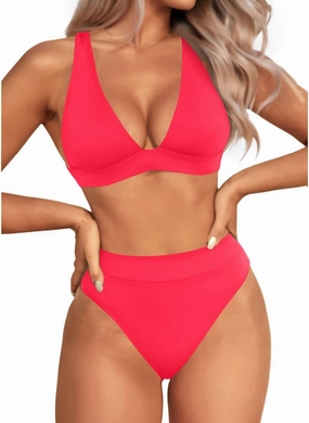 Yonique Thong Bikini Set High Waisted Two Piece Swimsuit High Cut Bikini V Neck Bathing Suit