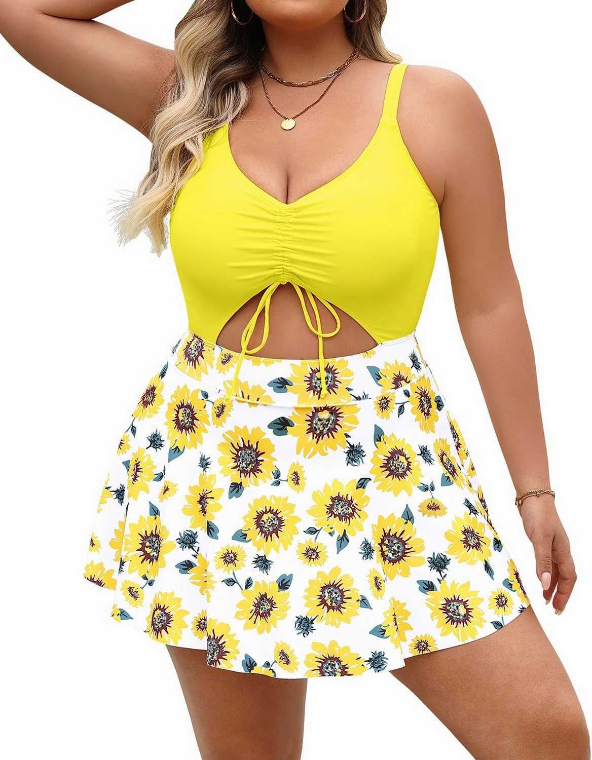 Yonique Women Plus Size One Piece Swimsuits with Skirt V Neck Floral Printed Swimdress Cutout Bathing Suits