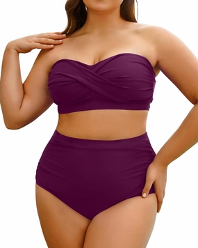 Yonique Women Plus Size Two Piece Swimsuits High Waisted Bathing Suits Bandeau Bikini Tummy Control Swimwear