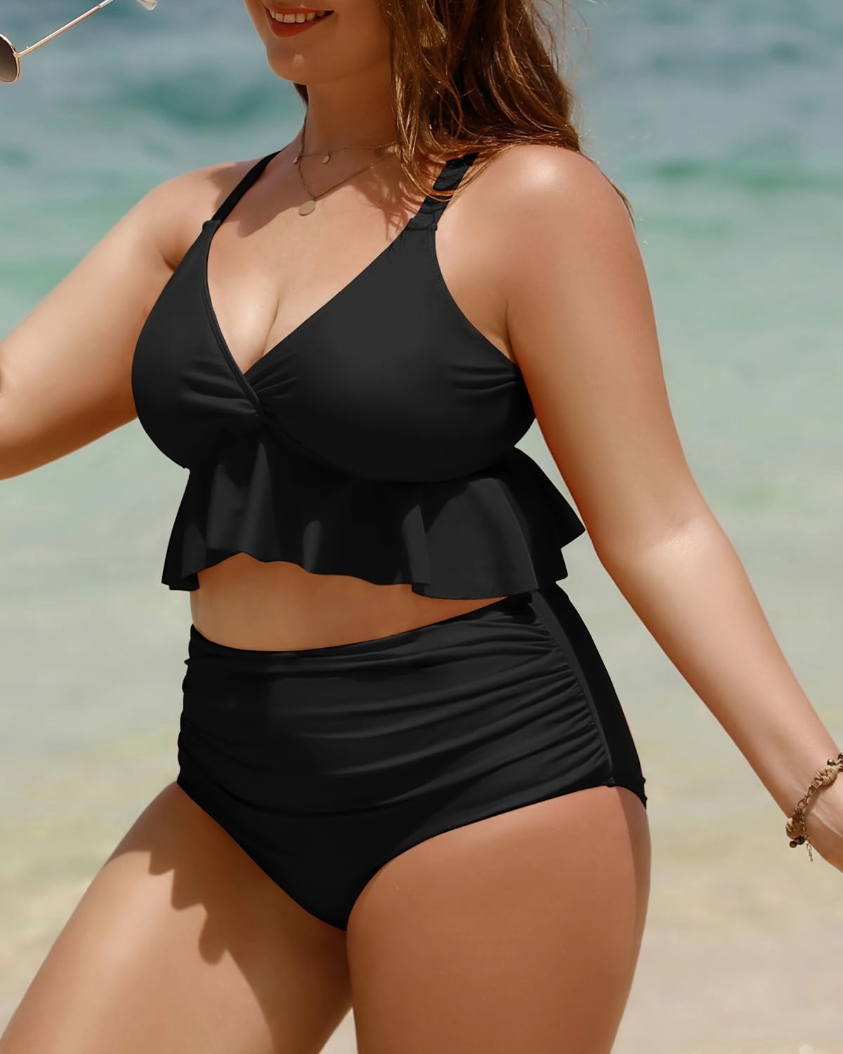 Yonique Women Plus Size Two Piece Swimsuits High Waisted Bikini Set Tummy Control Bathing Suits Ruffle Swimwear