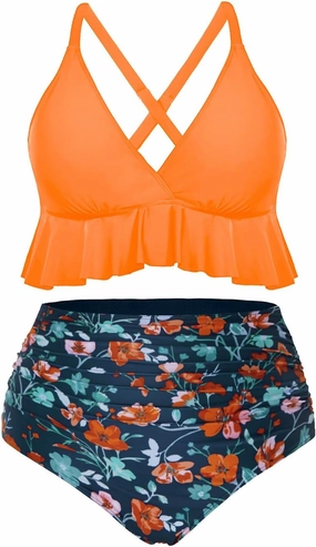 Yonique Women Plus Size Two Piece Swimsuits High Waisted Bikini Set Tummy Control Bathing Suits Ruffle Swimwear