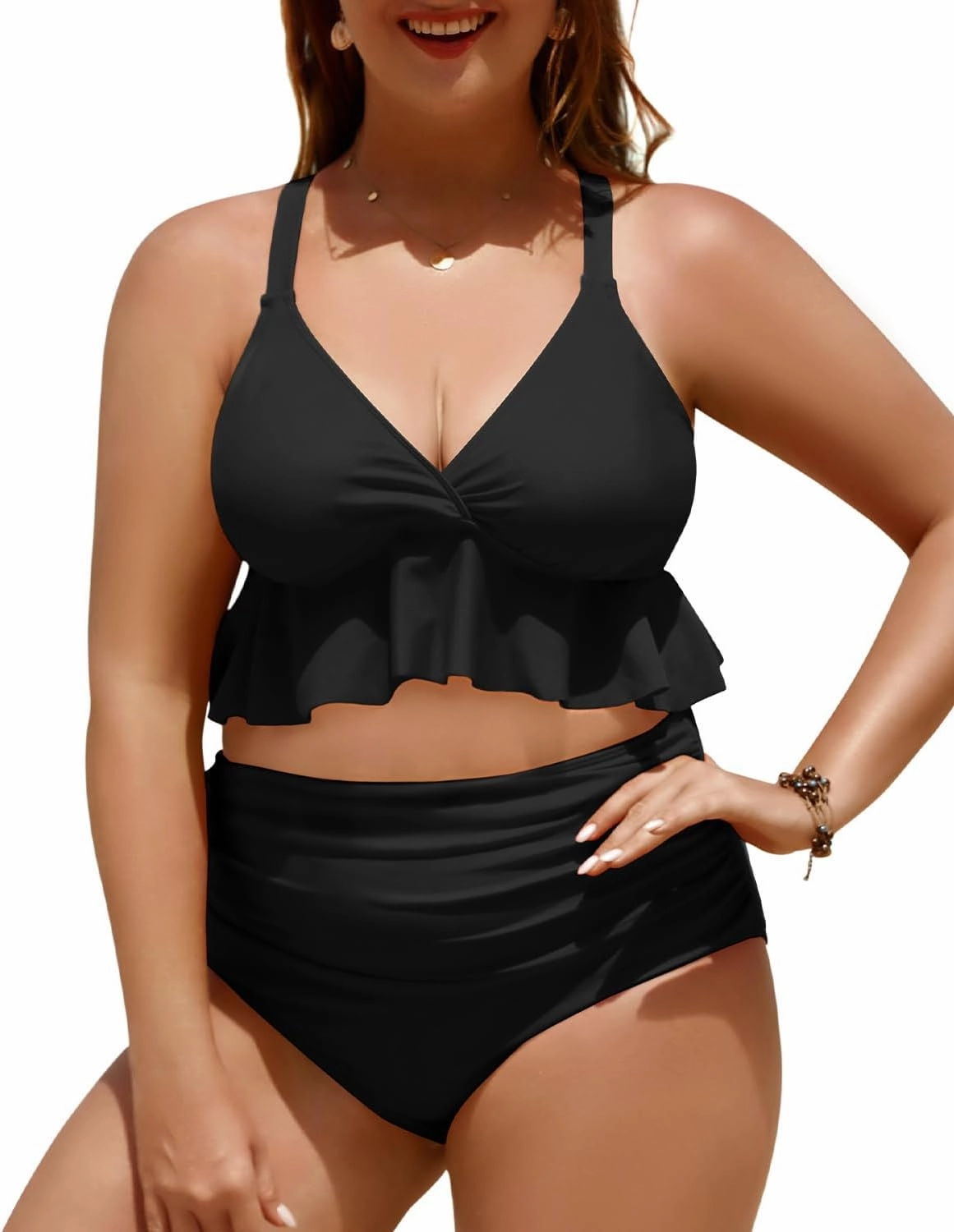 Yonique Women Plus Size Two Piece Swimsuits High Waisted Bikini Set Tummy Control Bathing Suits Ruffle Swimwear
