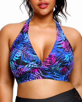 Yonique Women's Plus Size Bikini Tops Only Halter Swimsuit Top Large Bust Swim Top V Neck Bathing Suit Tops