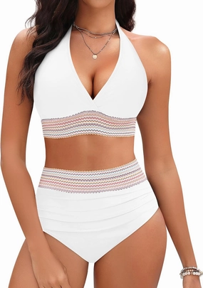 Yonique Women Tummy Control Bikini Two Piece High Waisted Swimsuit Push Up Bathing Suit Halter Bikini Top