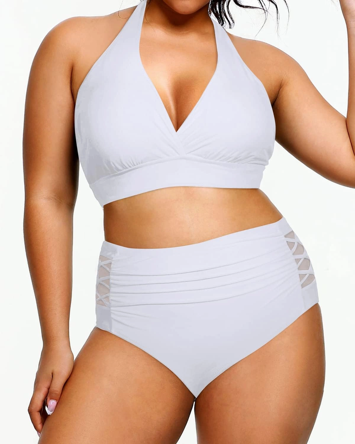 Yonique Womens Two Piece Plus Size Halter Bikini Swimsuits Tummy Control Bathing Suits High Waisted Swimwear