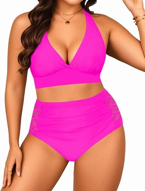 Yonique Womens Two Piece Plus Size Halter Bikini Swimsuits Tummy Control Bathing Suits High Waisted Swimwear