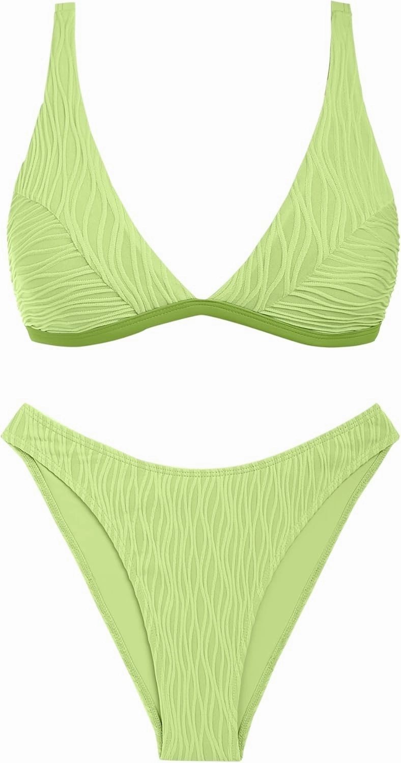 ZAFUL Textured Bikini Sets for Women Plunging Neck Cheeky Bathing Suit High Waisted Swimsuits 2 Piece Swimwear 2025
