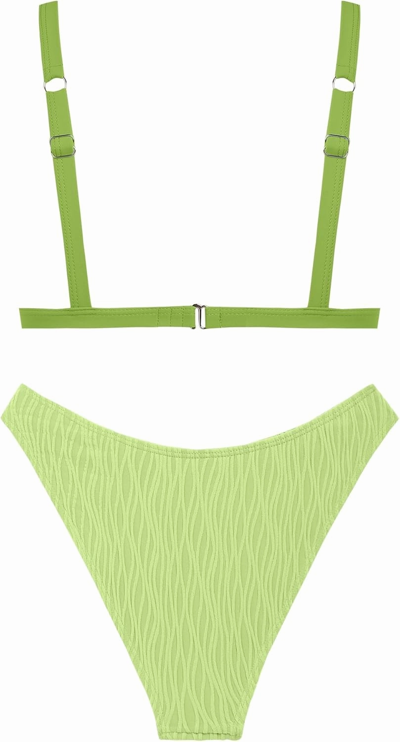 ZAFUL Textured Bikini Sets for Women Plunging Neck Cheeky Bathing Suit High Waisted Swimsuits 2 Piece Swimwear 2025