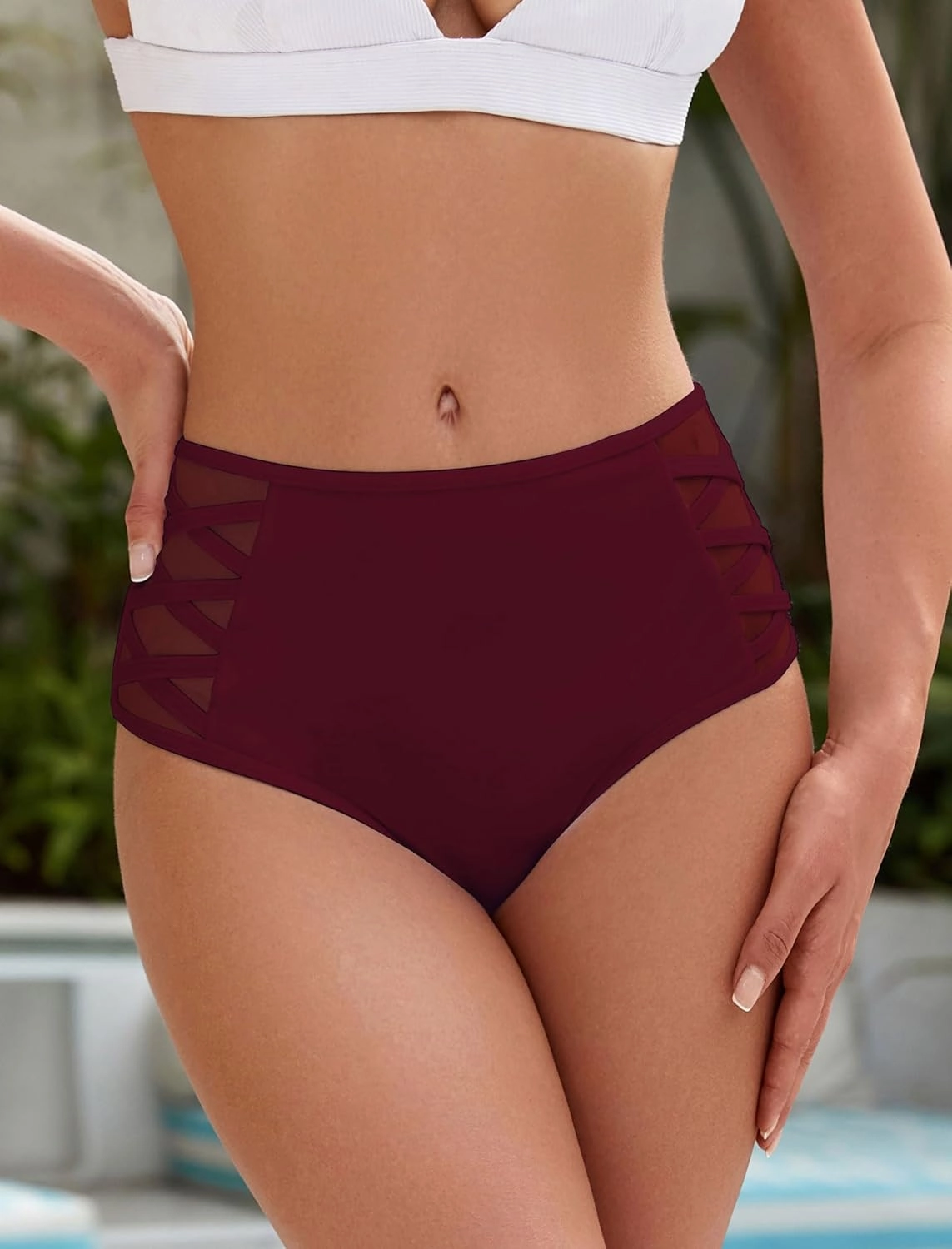 ZAFUL Women High Waist Bikini Bottom Side Mesh Spliced Tankini Swimsuit Swim Briefs Bathing Suit Bottom
