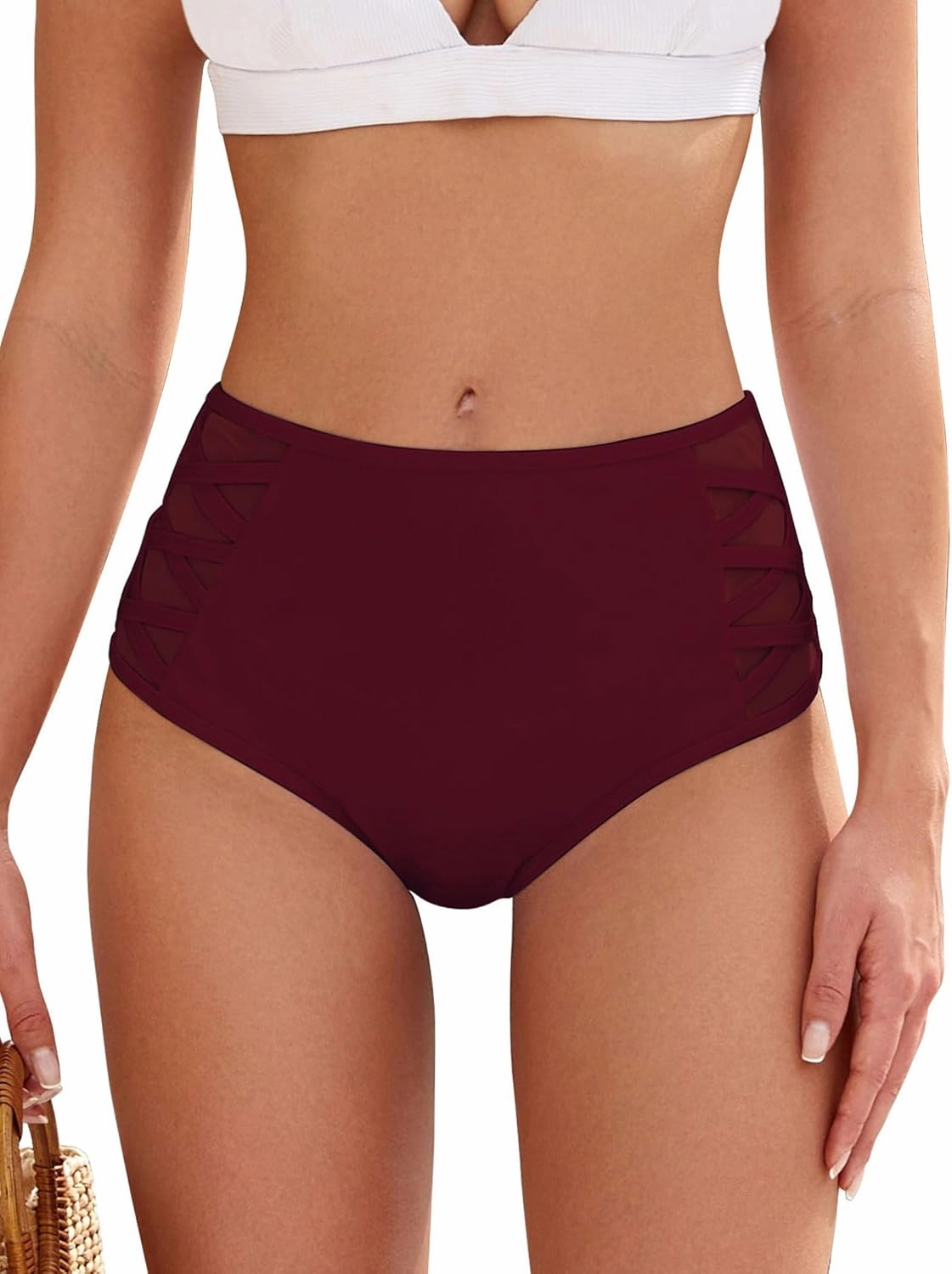 ZAFUL Women High Waist Bikini Bottom Side Mesh Spliced Tankini Swimsuit Swim Briefs Bathing Suit Bottom